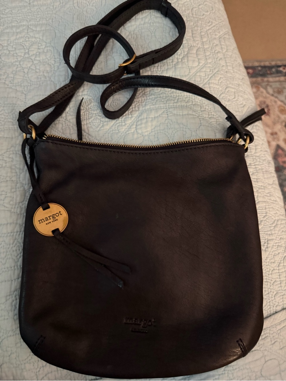 margot Black Leather Crossbody with Gold Accent Charm
